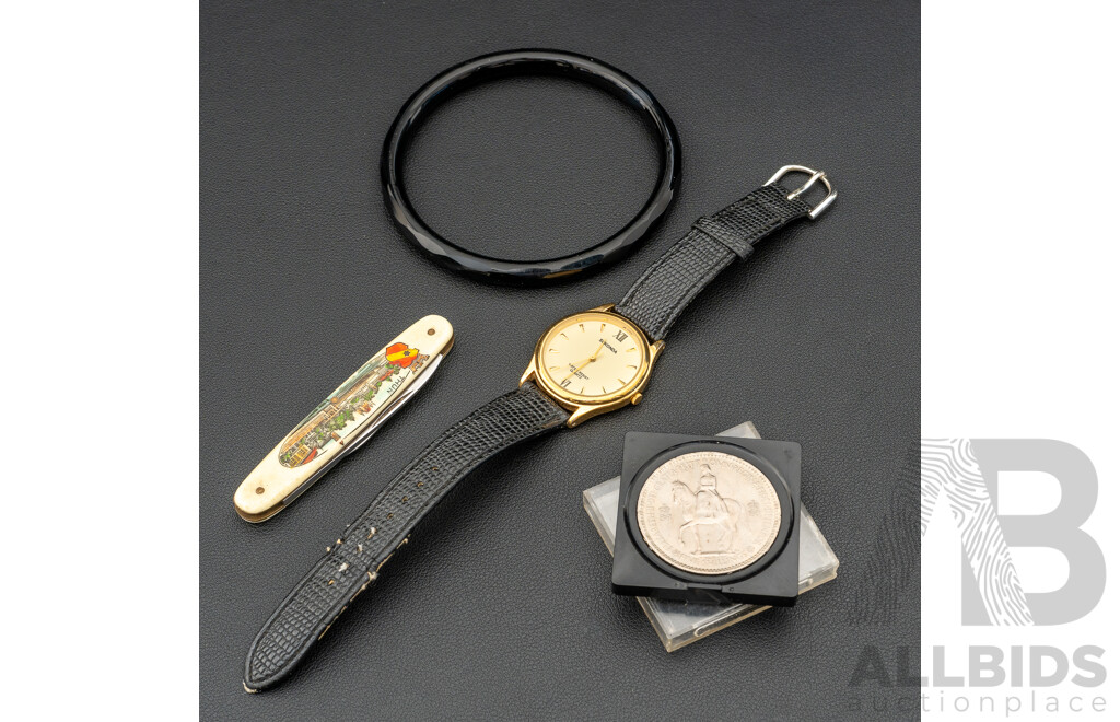 Sekonda 03270 Watch, 1953 Five Shilling Coin in Case, Black Obsidian Bangle & Vintage Pocket Knife