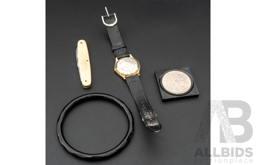 Sekonda 03270 Watch, 1953 Five Shilling Coin in Case, Black Obsidian Bangle & Vintage Pocket Knife