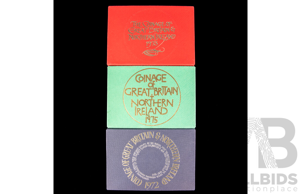Three Royal Mint Coinage of Great Britain and Northern Island Proof Coin Sets, 1972, 1973, 1975