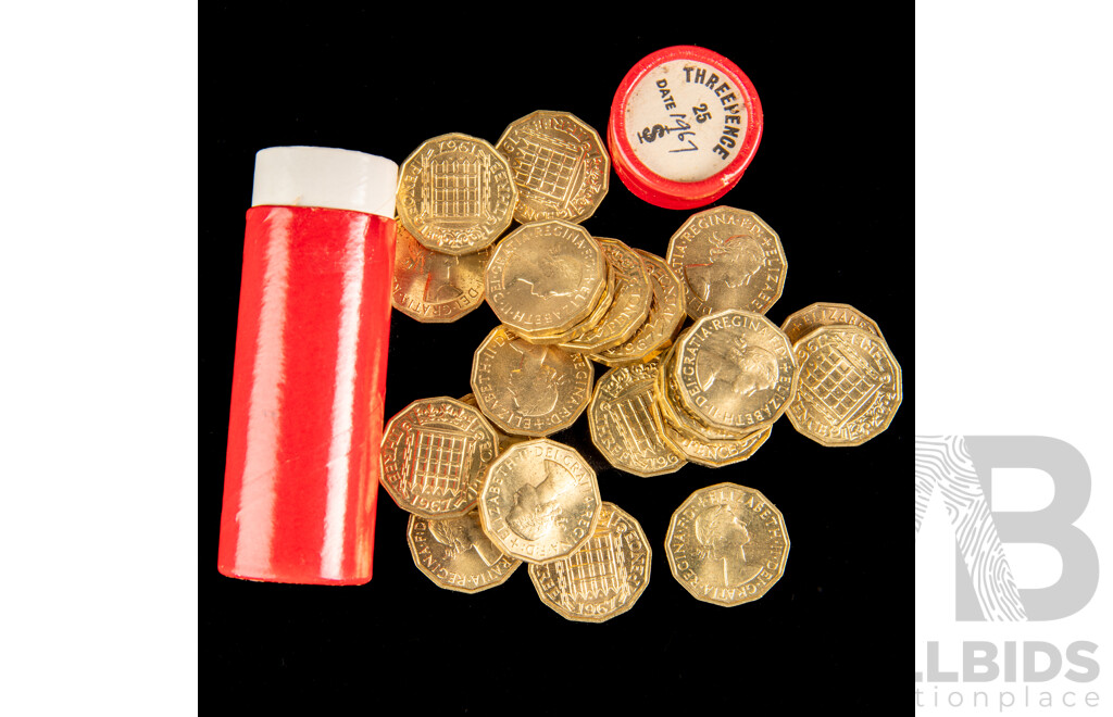 United Kingdom 1967 QE2 Threepence Coins(22) with Coin Tube