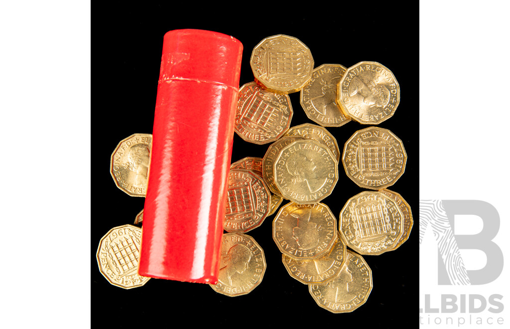United Kingdom 1967 QE2 Threepence Coins(22) with Coin Tube
