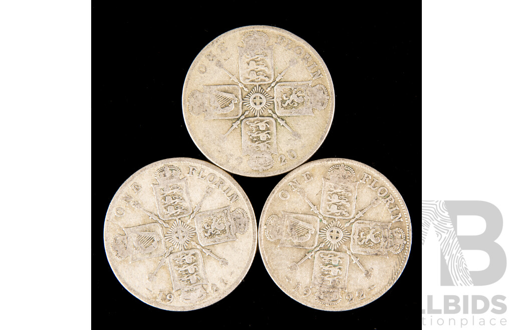 Three United Kingdom KGV Silver Florins 1920, 1921, 1922  .500