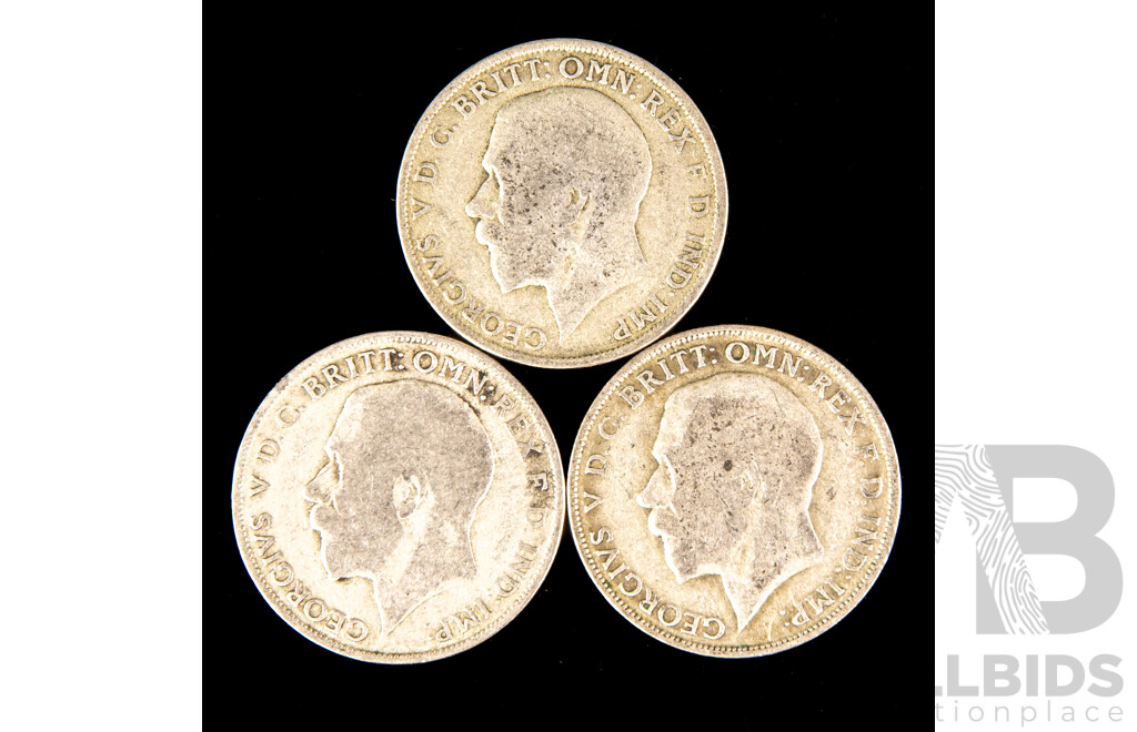 Three United Kingdom KGV Silver Florins 1920, 1921, 1922  .500