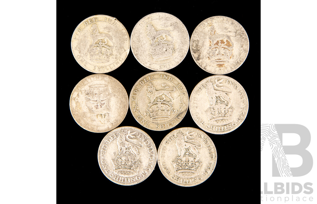 Eight United Kingdom KGV Silver Shillings Including 1921, 1931, 1935 .500