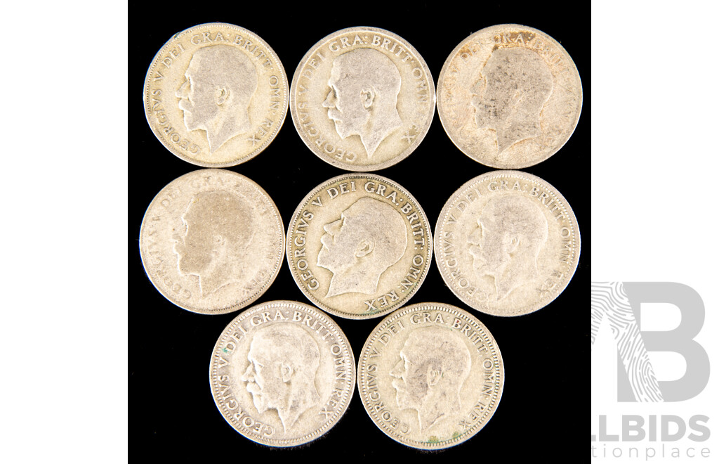 Eight United Kingdom KGV Silver Shillings Including 1921, 1931, 1935 .500