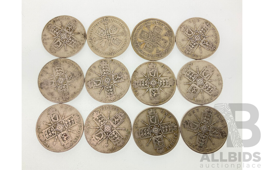 Twelve Great Britain KGV Silver Florins Including 1920, 1921, 1922, 1929, 1936  .500