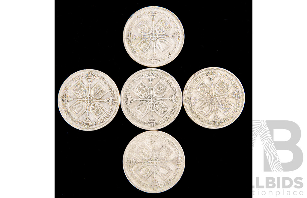 Five United Kingdom 1929 KGV Silver Florins .500