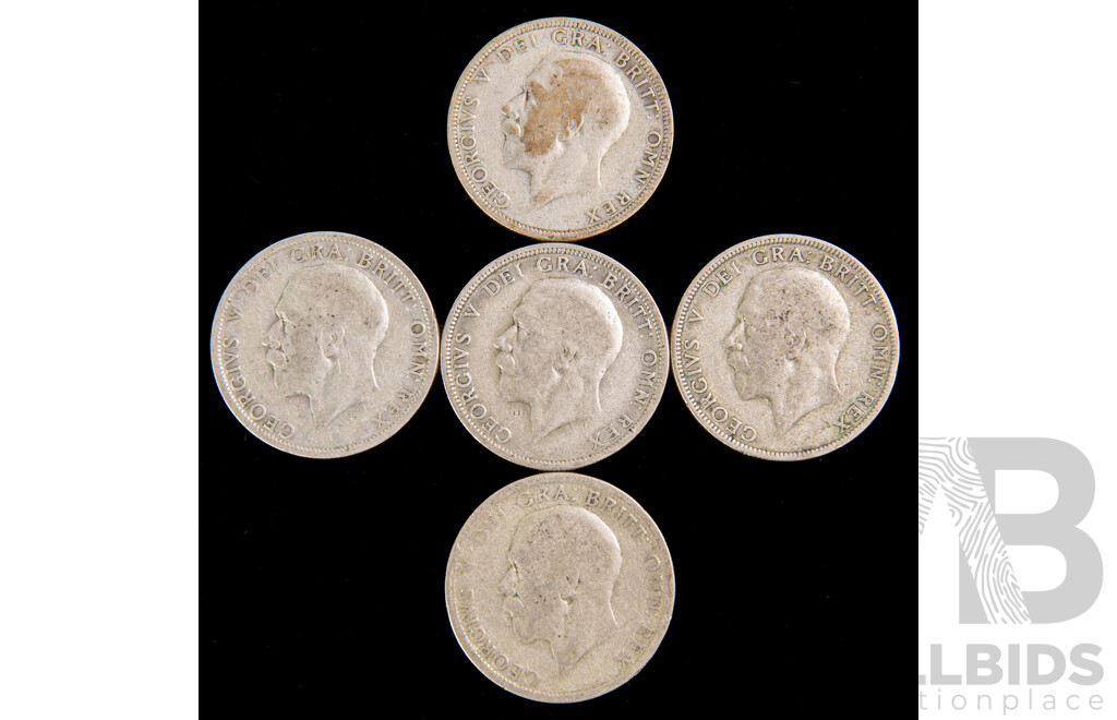 Five United Kingdom 1929 KGV Silver Florins .500