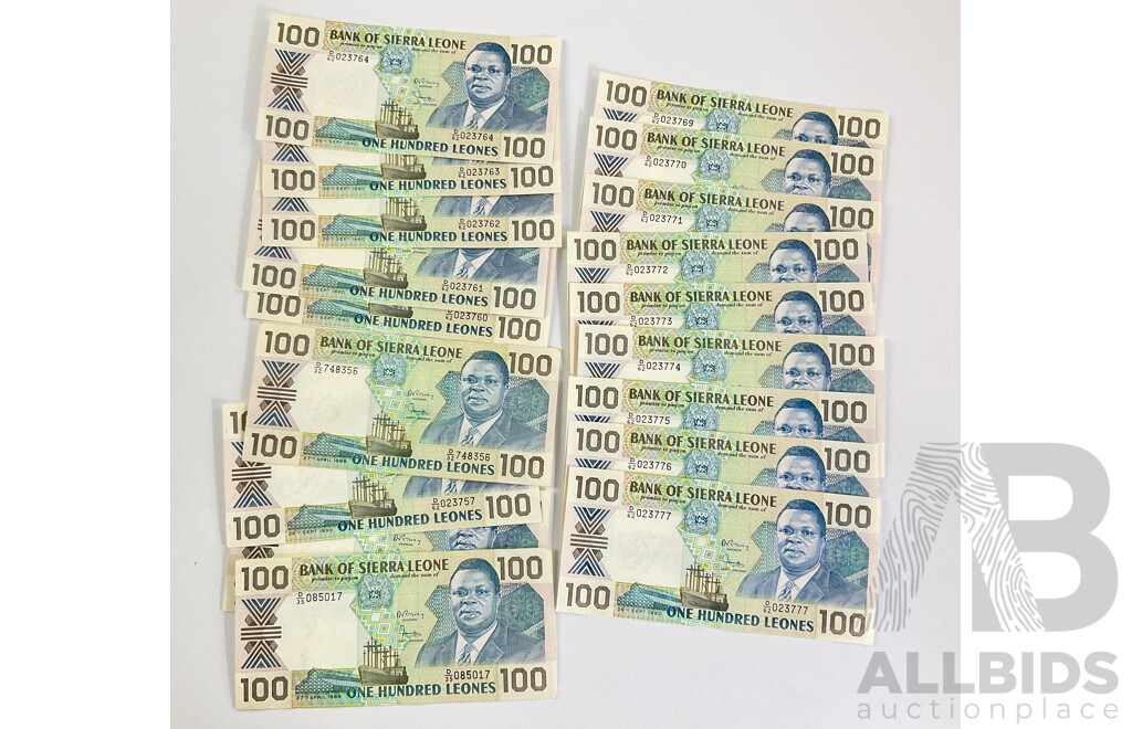 Eighteen Sierra Leone 1989/90 One Hundred Leone Notes, Consecutive Run of Nine and  Five