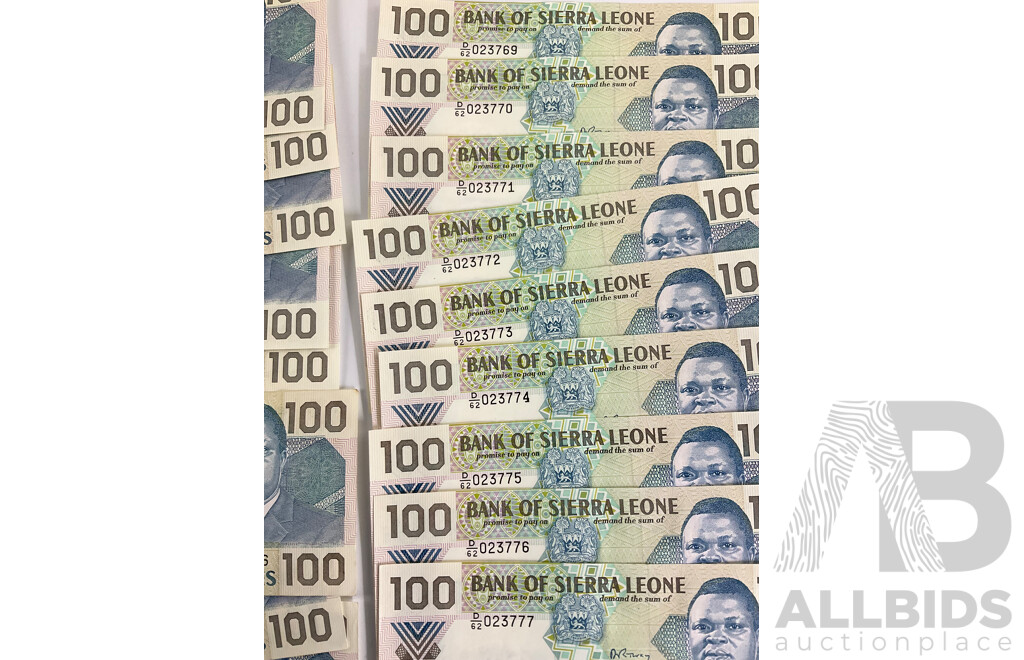 Eighteen Sierra Leone 1989/90 One Hundred Leone Notes, Consecutive Run of Nine and  Five