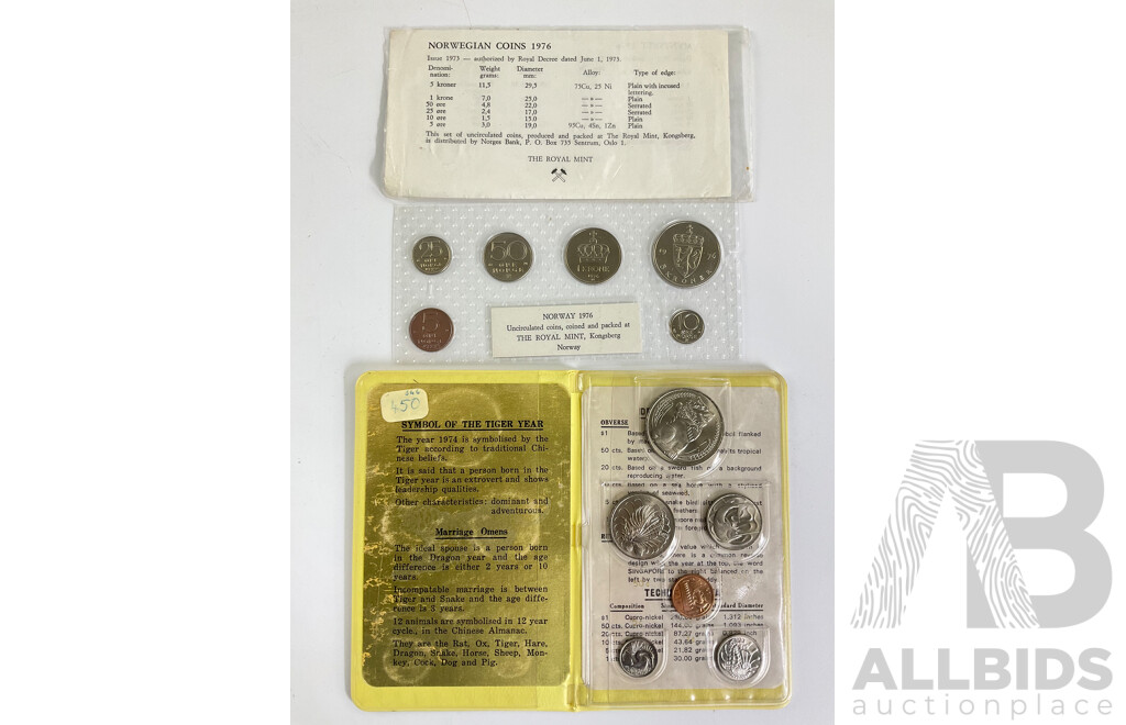 Norway 1976 UNC Coin Set, Singapore 1974 Coin Set, Vintage Great Britain and Australian First Day Covers