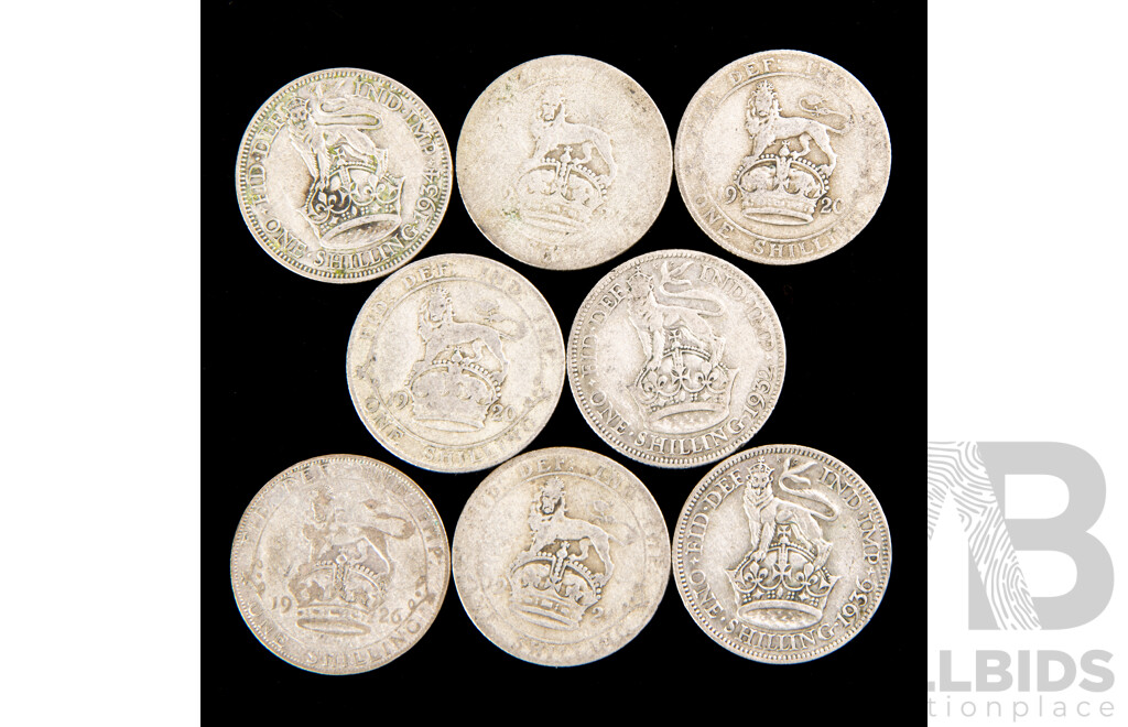 Eight United Kingdom KGV Silver Shillings Including 1920(2), 1921(2), 1926, 1932, 1934, 1936