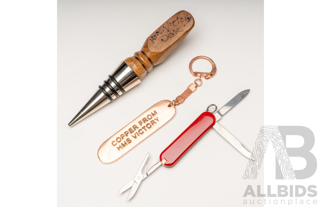Victorinox Swiss Army Pocket Knife, Souvenier Oak Bottle Stopper & Copper Keyring - Materials Salvaged From HMS Victory