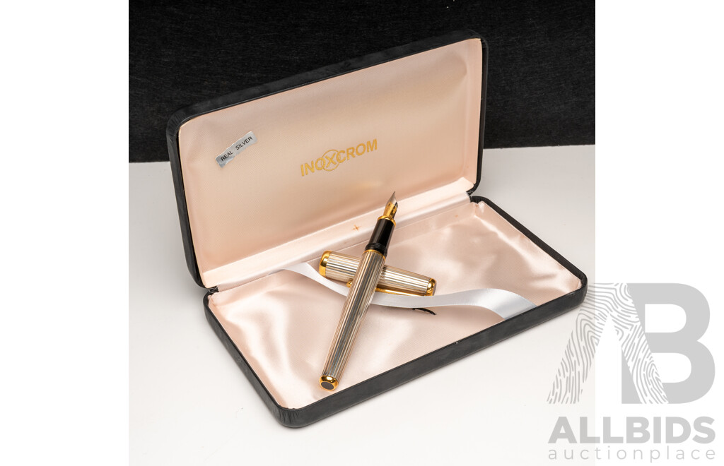Sterling Silver Inoxcrom 1st Qual Fountain Pen, with Original Presentation Box, 45.08 Grams