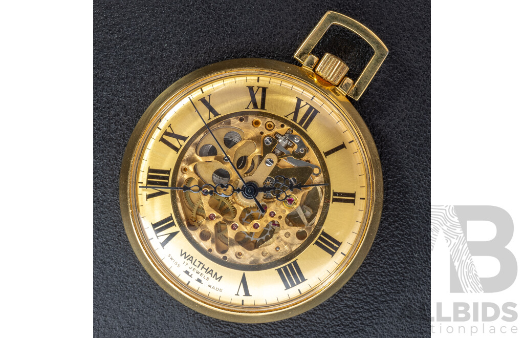 Waltham 17 Jewels Swiss Made Vintage Skeleton Open Face Hunter Pocket Watch, Manual Winding with Movement