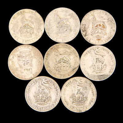 Eight United Kingdom KGV Silver Shillings Including 1921, 1931, 1935 .500