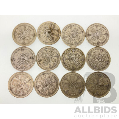 Twelve Great Britain Silver Florins Including 1928, 1929, 1933, 1936  .500