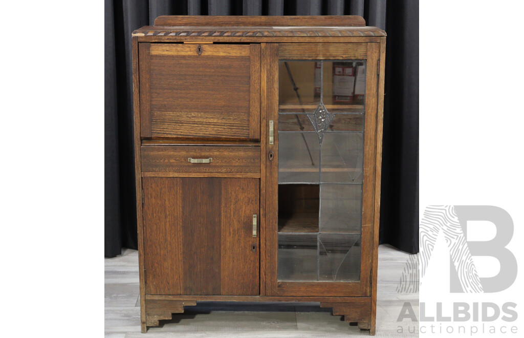 Oak Art Deco Drinks Cabinet with Leadlight Door