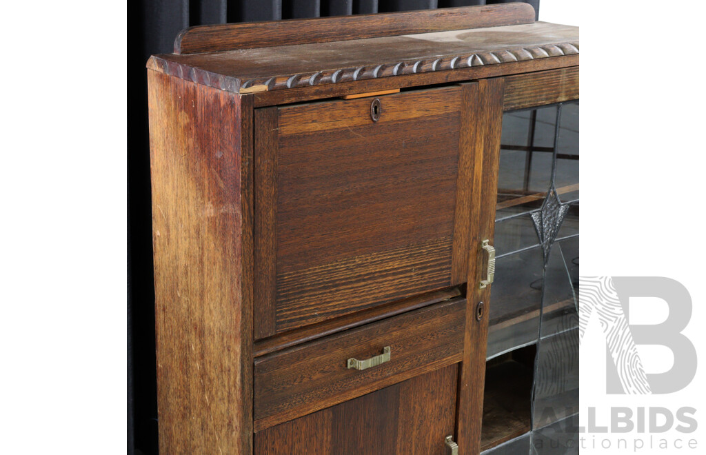 Oak Art Deco Drinks Cabinet with Leadlight Door