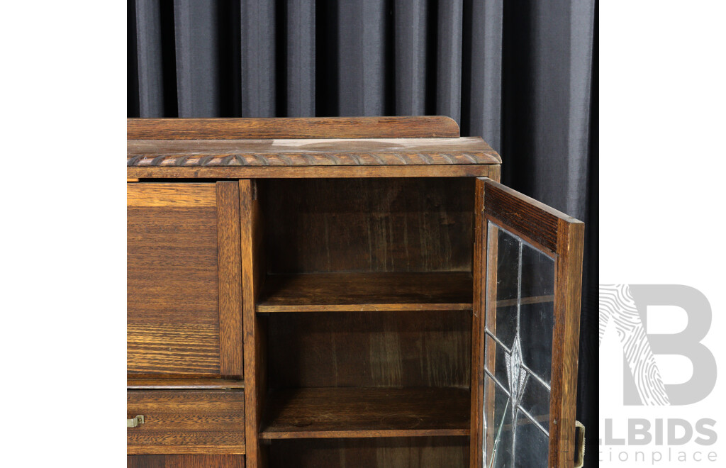 Oak Art Deco Drinks Cabinet with Leadlight Door