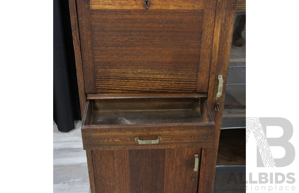 Oak Art Deco Drinks Cabinet with Leadlight Door