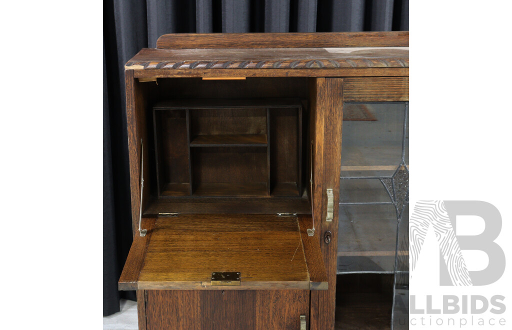 Oak Art Deco Drinks Cabinet with Leadlight Door