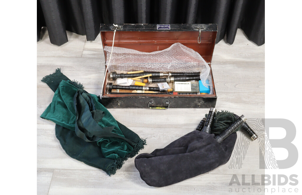 Set of Vintage Bagpipes in Metal Case Marked Rangarsons