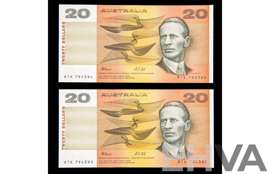 Two Australian 1991 Twenty Dollar Notes, Fraser/Cole R413 Consecutive RTK 794394 - RTK 794395