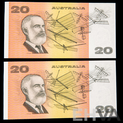 Two Australian 1991 Twenty Dollar Notes, Fraser/Cole R413 Consecutive RTK 794394 - RTK 794395
