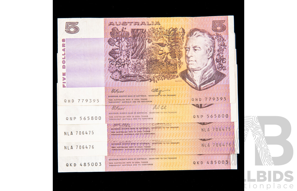 Five Australian Five Dollar Notes, Two 1974 Phillips/Wheeler R205 Consecutive NLA 70645-NLA 70646, Two 1991 Fraser/Cole R213 QNP, QKD, 1990 Fraser/Higgins R212