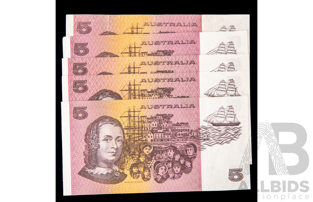 Five Australian Five Dollar Notes, Two 1974 Phillips/Wheeler R205 Consecutive NLA 70645-NLA 70646, Two 1991 Fraser/Cole R213 QNP, QKD, 1990 Fraser/Higgins R212