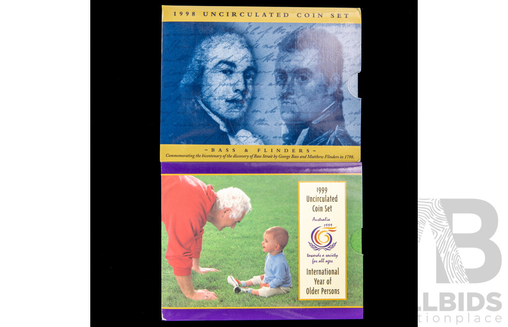 Australian RAM 1998 and 1999 Six UNC Coin Sets, Bass & Flinders,  International Year of the Older Persons