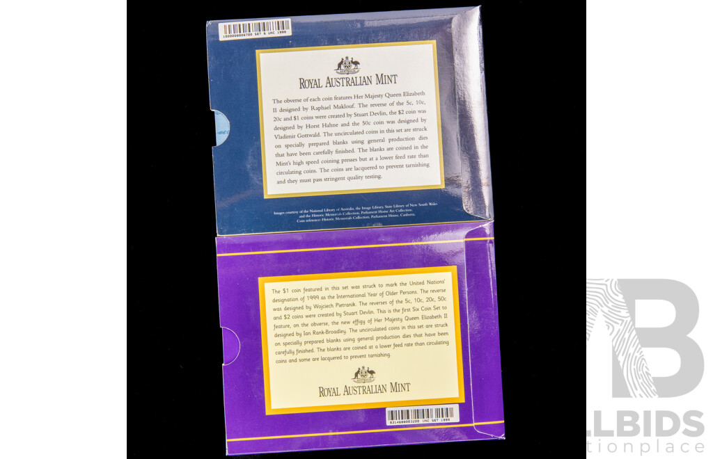Australian RAM 1998 and 1999 Six UNC Coin Sets, Bass & Flinders,  International Year of the Older Persons