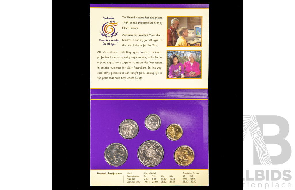Australian RAM 1998 and 1999 Six UNC Coin Sets, Bass & Flinders,  International Year of the Older Persons