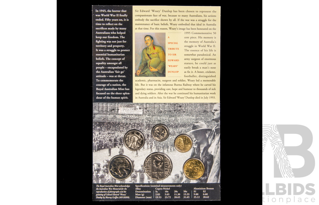 Australian RAM 1995 and 1997 Six UNC Coin Sets, Kingsford Smith and Weary Dunlop