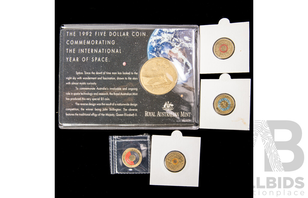 Collection of Australian Commemorative Coins Including Two Dollars 2021 Aboriginal Flag, 2015 Remembrance and Lest We Forget, 2020 Olympics Resilience, 1992 Five Dollar Coin, Year of Space