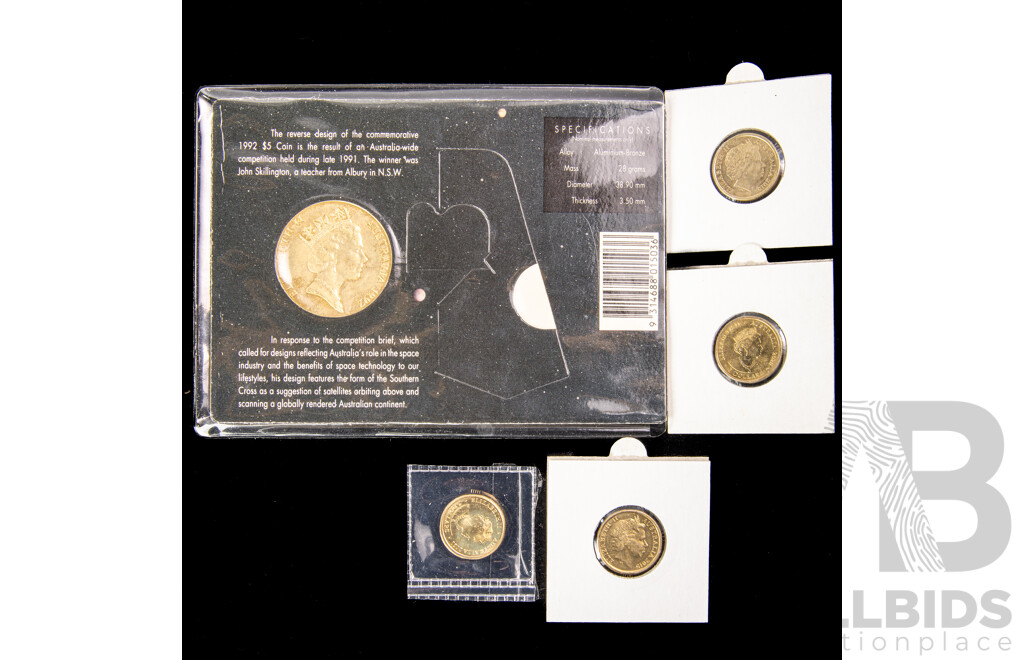 Collection of Australian Commemorative Coins Including Two Dollars 2021 Aboriginal Flag, 2015 Remembrance and Lest We Forget, 2020 Olympics Resilience, 1992 Five Dollar Coin, Year of Space