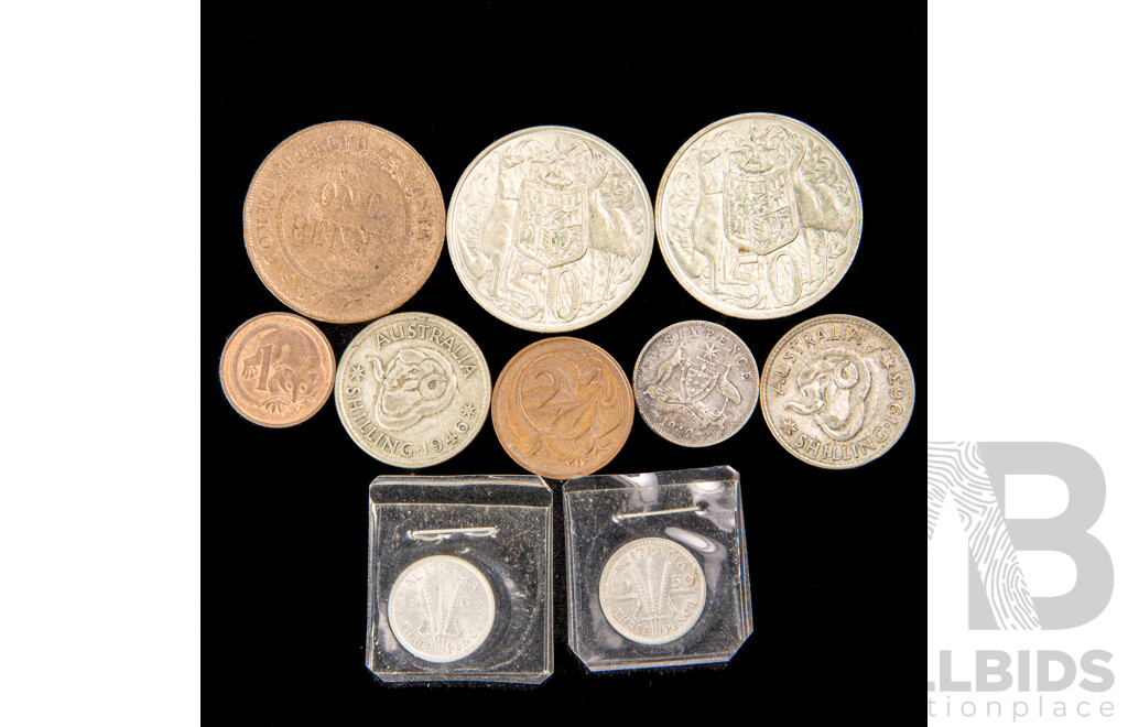 Australian Silver and Vintage Coins Including Two 1966 Round Silver Fifty Cents, 1946 and 1963 Shillings, 1942 Sixpence, 1950, 1964 Threepence, 1912 Penny, 1981 One and Two Cent