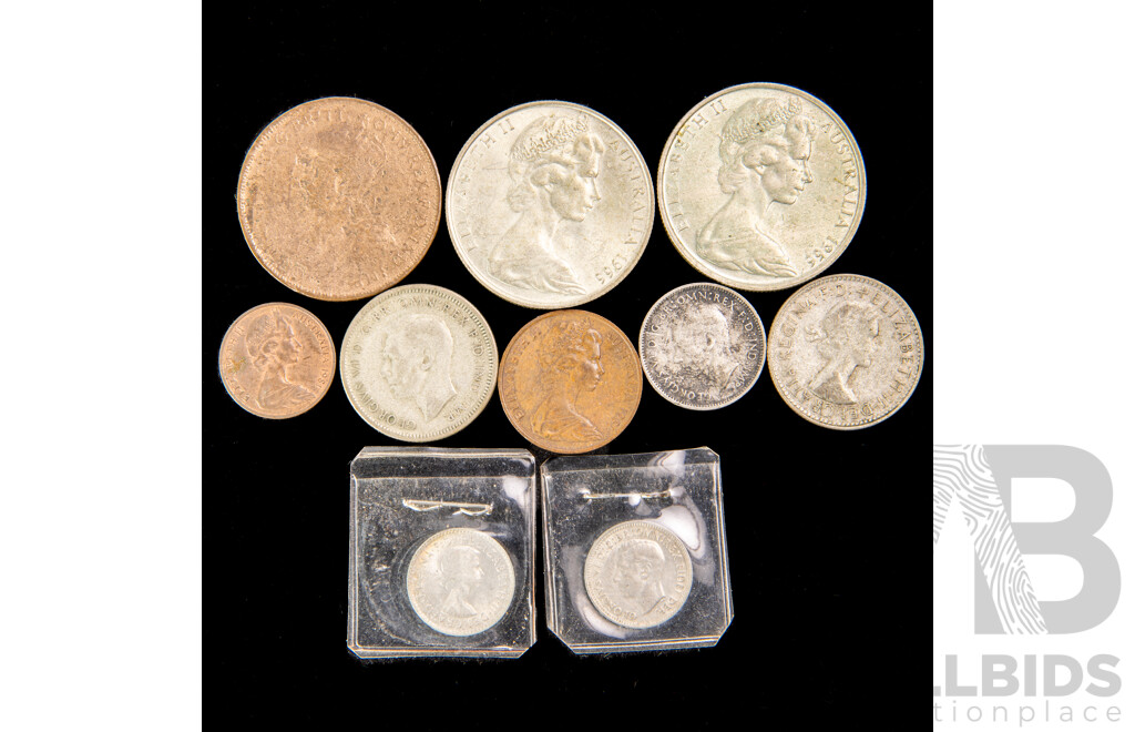 Australian Silver and Vintage Coins Including Two 1966 Round Silver Fifty Cents, 1946 and 1963 Shillings, 1942 Sixpence, 1950, 1964 Threepence, 1912 Penny, 1981 One and Two Cent
