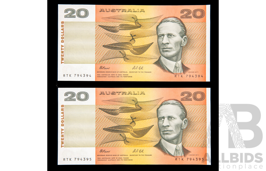 Two Australian 1991 Twenty Dollar Notes, Fraser/Cole R413 Consecutive RTK 794394 - RTK 794395