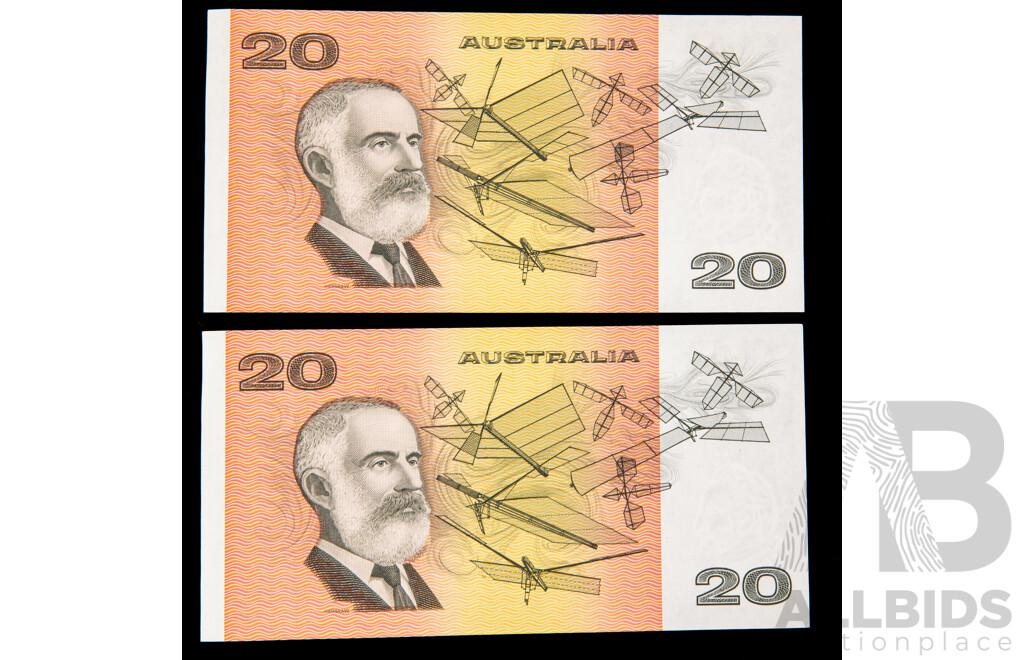 Two Australian 1991 Twenty Dollar Notes, Fraser/Cole R413 Consecutive RTK 794394 - RTK 794395