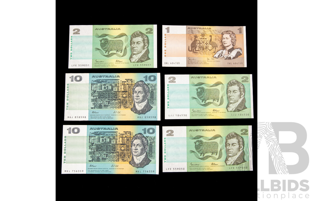 Two Australian 1991 Ten Dollar Notes, Fraser/Cole R313a, MQJ, MKL Three 1985 Two Dollar Notes R89 Consecutive LFE 559050-559051 and LJJ, 1982 One Dollar Johnston/Stone R78