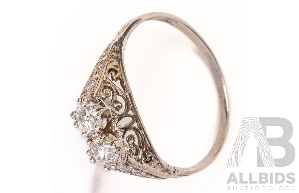 18ct/Platinum Vintage Two Diamond Bridge Ring, Est TDW 0.35ct, Size R, 2.78 Grams