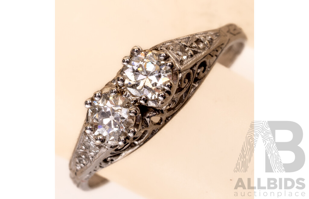 18ct/Platinum Vintage Two Diamond Bridge Ring, Est TDW 0.35ct, Size R, 2.78 Grams