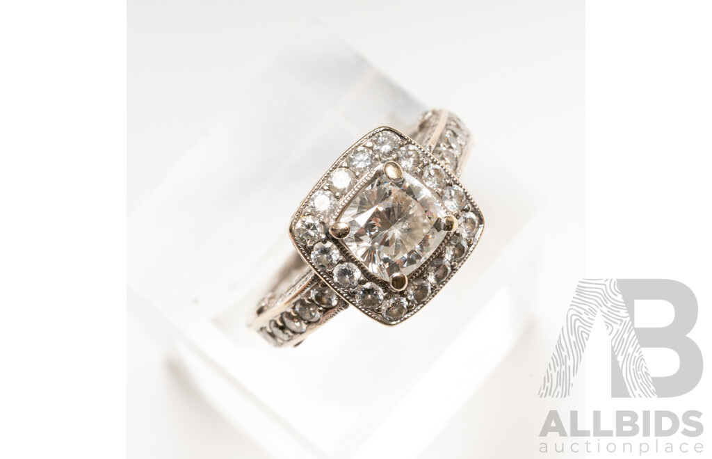 18ct Cushion Cut Diamond 1.10ct Halo Engagement Ring, Est TDW1.91ct, Size N1/2, 5.77 Grams