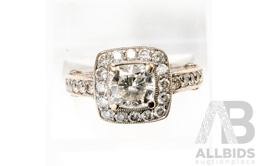 18ct Cushion Cut Diamond 1.10ct Halo Engagement Ring, Est TDW1.91ct, Size N1/2, 5.77 Grams