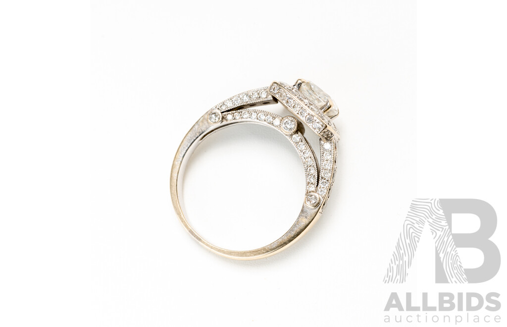 18ct Cushion Cut Diamond 1.10ct Halo Engagement Ring, Est TDW1.91ct, Size N1/2, 5.77 Grams