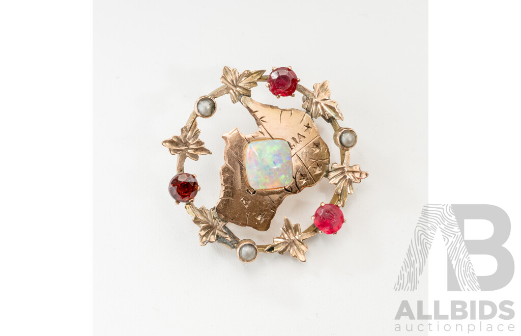 Antique 9ct Rose Gold Federation of Australia Brooch with Opal, Ruby & Seed Pearls, 28mm, 3.41 Grams