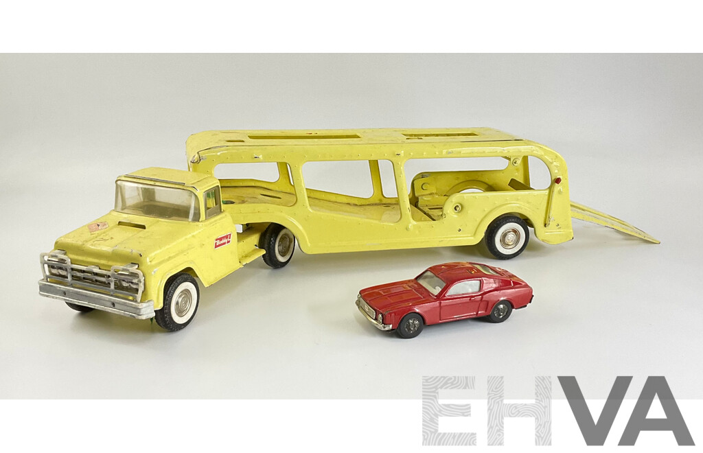 Vintage Buddy L Pressed Steel Car Transporter with Ford Mustang
