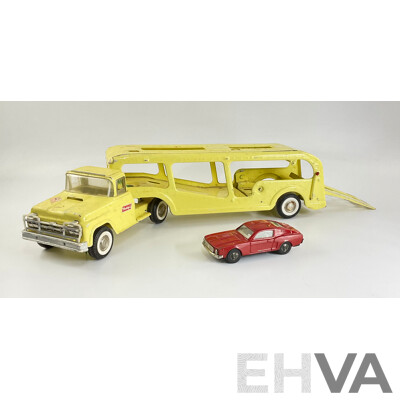 Vintage Buddy L Pressed Steel Car Transporter with Ford Mustang